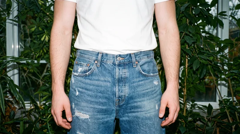 Men's distressed boyfriend jeans shown on a male model from the hips in a level front view. The jeans are presented against a sunroom backdrop.