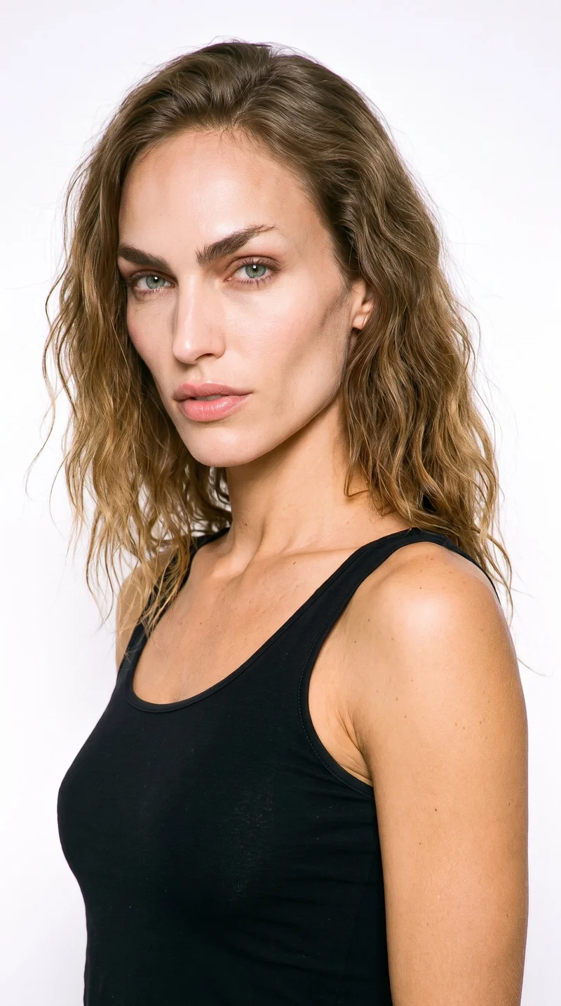 A 26-year-old Caucasian woman with a medium, warm-golden skin tone has an angular face defined by sharp cheekbones and a structured jawline. Her medium-thickness eyebrows frame blue eyes with a cool undertone, and she has full lips. Her dark-blonde hair falls in loose, slightly tousled waves with natural volume.