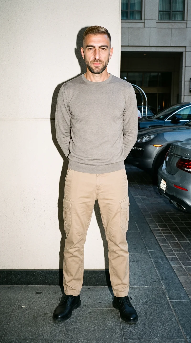 A 51-year-old Caucasian man wears men's khaki hiking trousers in a full-body front view, standing with his hands behind his back and an intense facial expression. A valet stand forms the backdrop.