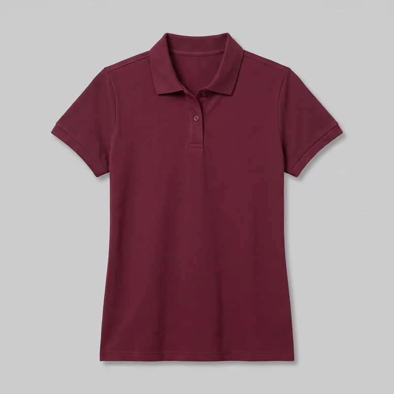 A burgundy fitted short-sleeve pique polo shirt is shown alone in a full front view. It has a flat pointed collar, partial button placket, set-in sleeves with narrow cuff bands, visible shoulder and sleeve seams, a tapered body, and a straight hem. The fine textured fabric is shown without pockets, logos, prints, patches, embroidery, or other embellishments.