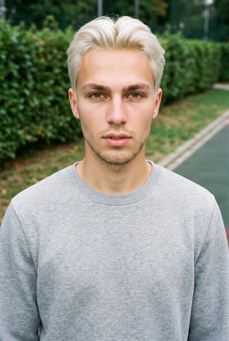 An 18-year-old Caucasian male model is shown from the bust up in a front view, wearing a grey crewneck sweatshirt. His head is level, with an editorial facial expression, against a playground backdrop.