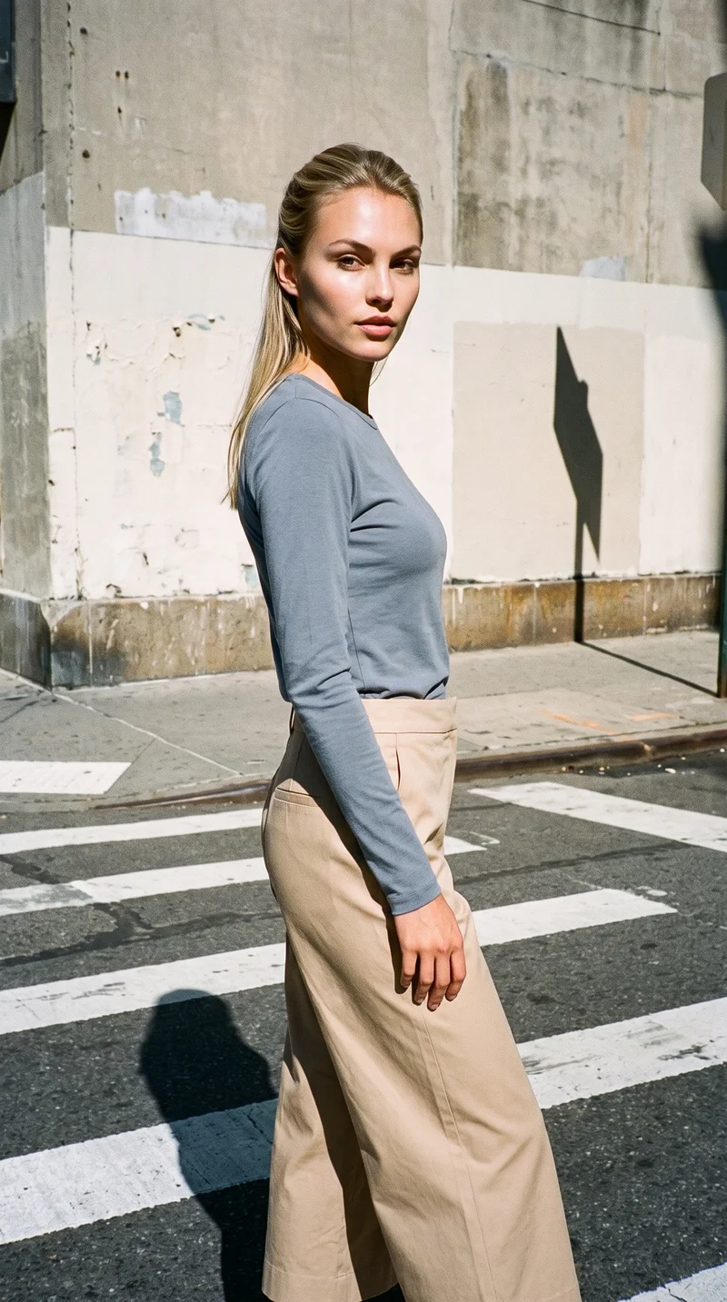 A 21-year-old Caucasian woman wears beige tailored culottes in a three-quarter-length view from a front three-quarter angle. She holds a waist-twist pose with a neutral expression, against a crosswalk intersection backdrop.