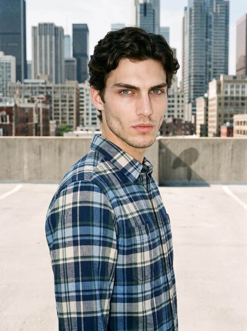 An 18-year-old Caucasian man wears a blue tartan flannel shirt in a bust-length view. He is shown from a front three-quarter angle with his chin lowered and a neutral expression, against a parking garage rooftop backdrop.