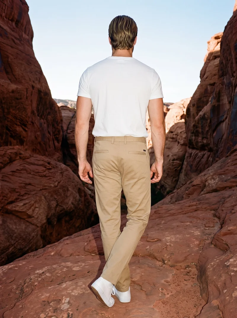 An 18-year-old Caucasian male model is shown full body from the rear wearing men's khaki chinos, with his ankles crossed. Red rock formations form the backdrop.