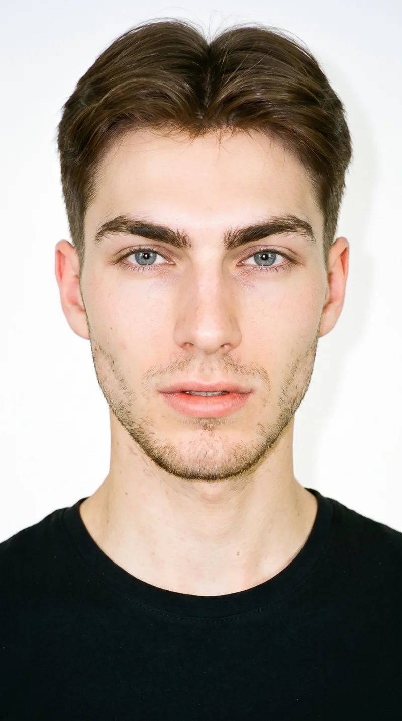 This 19-year-old Caucasian man has fair skin with a warm golden undertone. His diamond-shaped face has a narrow forehead and jaw and is widest at the cheekbones. He has thick eyebrows, blue eyes with a cool undertone, and thin lips. His chestnut-brown hair has a reddish undertone and is styled with short sides and back contrasted by a longer, fuller top. Fine, closely trimmed light stubble lightly covers the beard area.