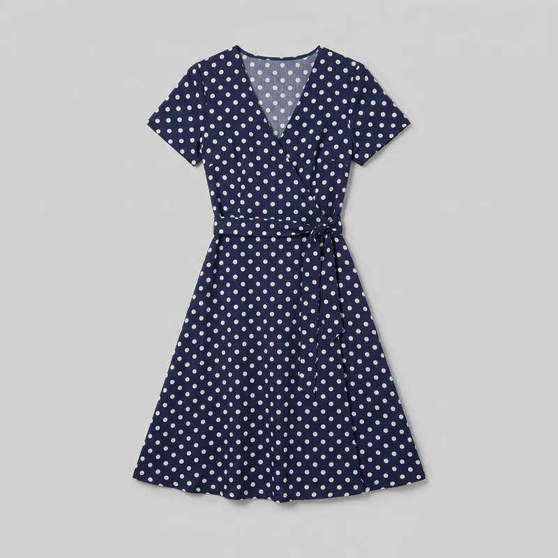 A mostly complete front view of a women’s polka-dot wrap dress laid flat against a backdrop. The dress has a surplice V neckline, set-in short sleeves, a waist seam, and a self-tie wrap belt at one side with two hanging ends. Its regular waist-defined fit leads into a flared A-line midi skirt with a gently curved full hem.