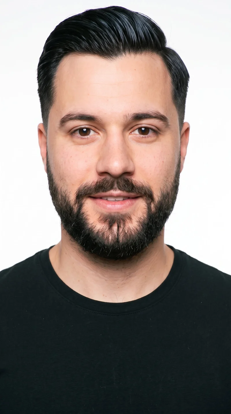 A 26-year-old Caucasian man with medium skin and a peach undertone. His face is round, with soft, full contours, gentle curves, and few angles. He has thin eyebrows, brown eyes, and medium lips. His deep black hair is combed to one side along a defined part, and he has a full, connected beard grown evenly across his cheeks, jaw, and chin.