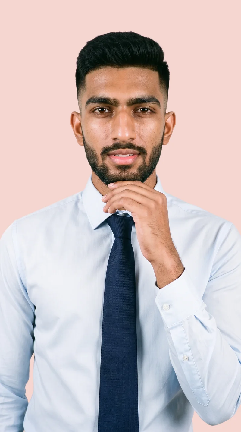 A 20-year-old Indian man is shown from the bust up in a front-facing view, wearing a navy silk tie. One hand rests at his jaw, and he has a natural facial expression. A Ballet Slipper flat-color backdrop surrounds the studio-cutout composition.