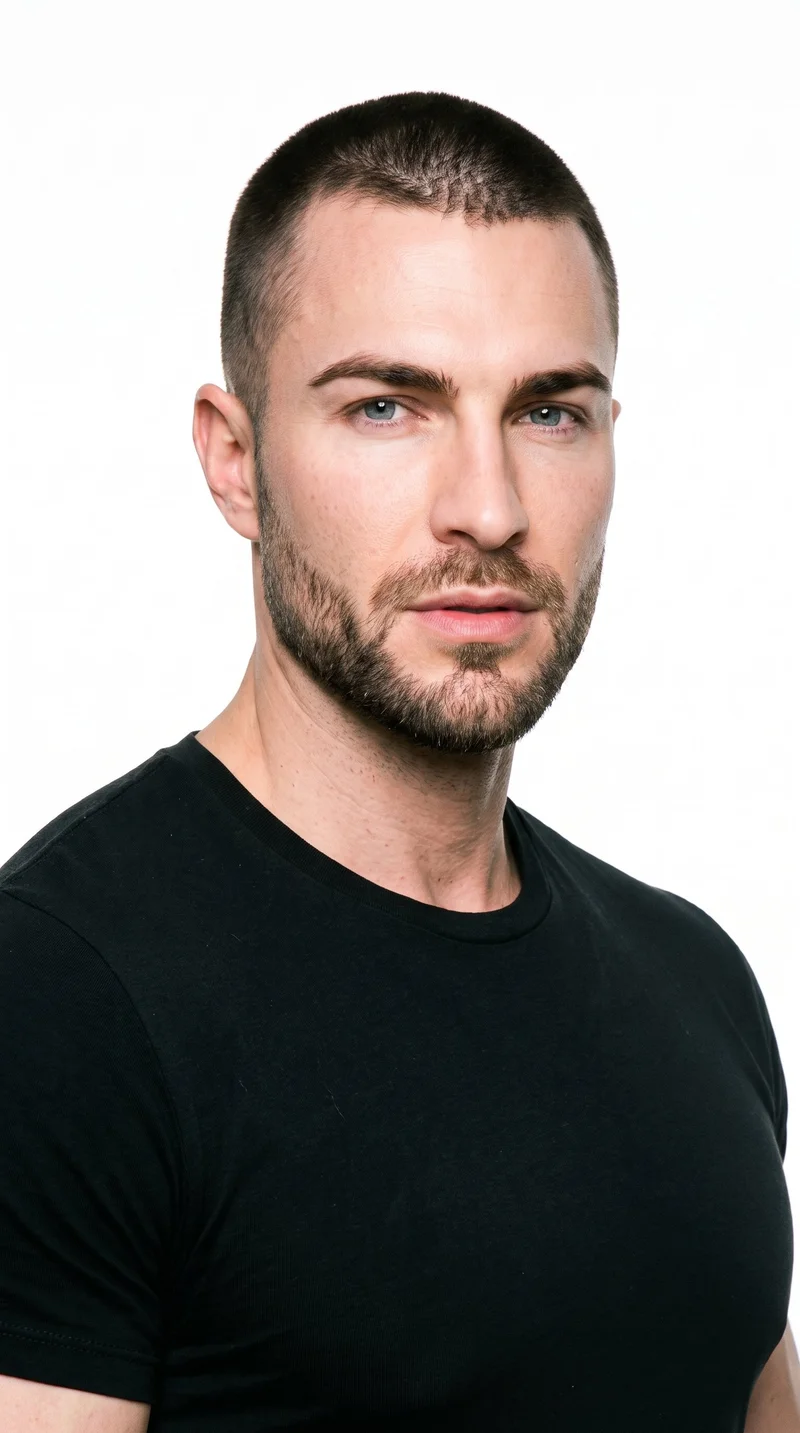 A 40-year-old Caucasian man with fair skin and a peach undertone. His diamond-shaped face has a narrow forehead and jaw, with the greatest width at the cheekbones. He has thin eyebrows, blue eyes with a cool undertone, and medium lips. His dark-brown hair is clipped very short and evenly in a buzz cut, and he has a short, structured beard with defined edges along the cheeks and jaw.