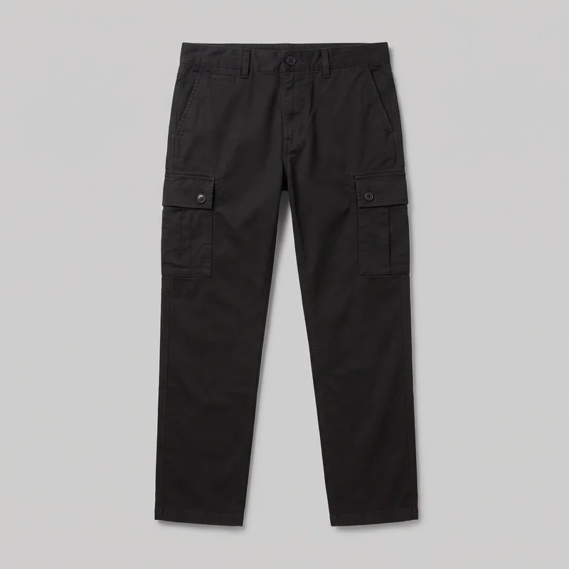 Men's black cargo pants laid flat in a mostly complete front view. The pants have a waistband with belt loops, a visible waist button, a front fly, slanted hand pockets, a small rectangular welt pocket, and flap cargo pockets on both thighs with visible buttons. Panel seams and stitched pocket outlines continue along the legs, which end in straight stitched hems.