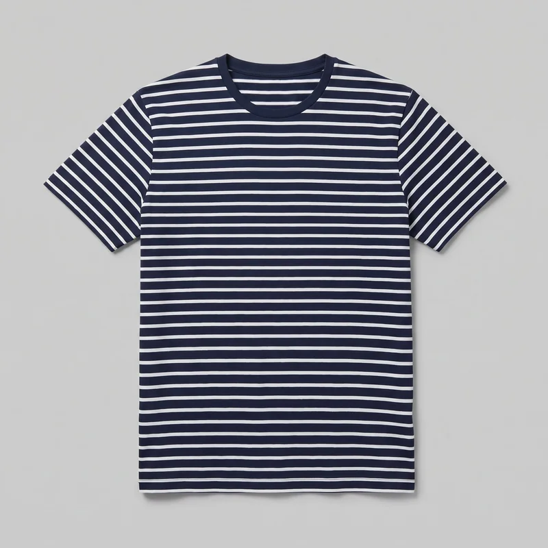 A short-sleeve men's cotton T-shirt is shown laid flat in a complete front-facing view. It has a ribbed crew neckline, visible shoulder seams, a regular straight silhouette, short set-in sleeves, a full-length body, and a straight bottom hem. Narrow horizontal stripes run across the body and sleeves, with visible sleeve and bottom hem stitching and no visible logos or embellishments.