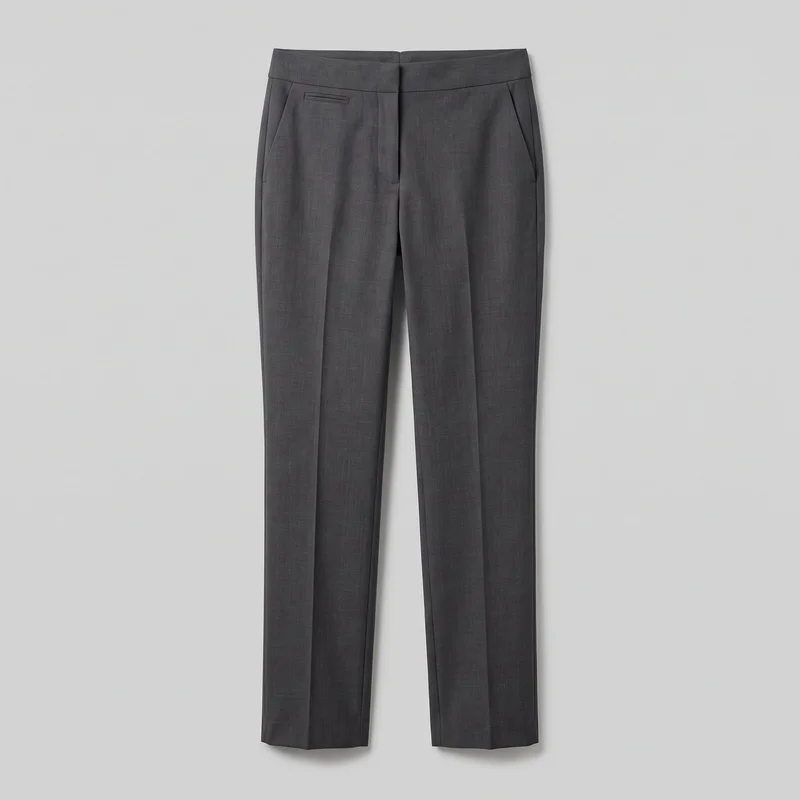 Women's charcoal tailored suit trousers laid flat in a complete front view. The full-length trousers have a flat mid-to-high-rise waistband, concealed front fly, two slanted hip pockets, a narrow welt pocket near the upper hip, pressed center creases, straight legs, plain hems, and no visible belt loops or embellishments.