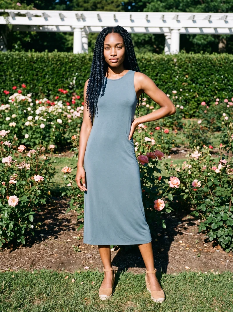 A 25-year-old African woman wears tan espadrille wedges in a full-body front view, with one hand on her lower back and a curious expression. A rose garden pergola forms the backdrop.