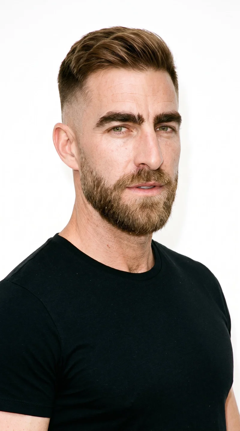 This 45-year-old Caucasian man has fair skin with a cool undertone and a weathered, strongly defined face shape. His thick eyebrows frame green eyes, and his lips are thin. His light-brown hair is cut in a fade, tapering from longer on top to very short sides that blend down to the skin. A full beard grows evenly and continuously across his cheeks, jaw, and chin.