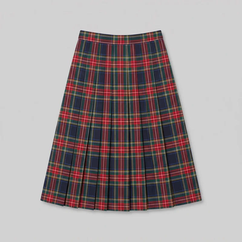 A standalone front view shows a plaid pleated A-line skirt laid flat from its flat straight waistband to its straight below-knee to midi-length hem. The skirt has a regular waist fit, a flared body, vertical pleats, and an all-over tartan check aligned across the waistband and skirt panels.