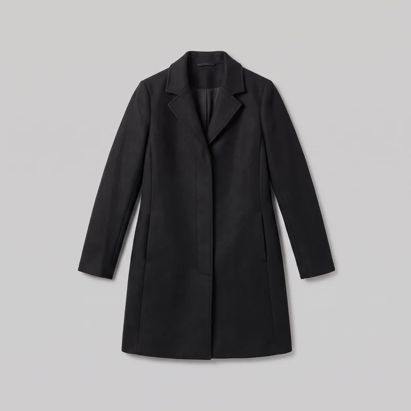 A mostly complete front view of a women's black tailored long overcoat laid flat against a backdrop. The coat has structured set-in shoulders, long straight sleeves, notched lapels forming an open V-shaped neckline, a concealed center closure area, vertical front-panel shaping seams, side seam pocket openings, and a straight hem.