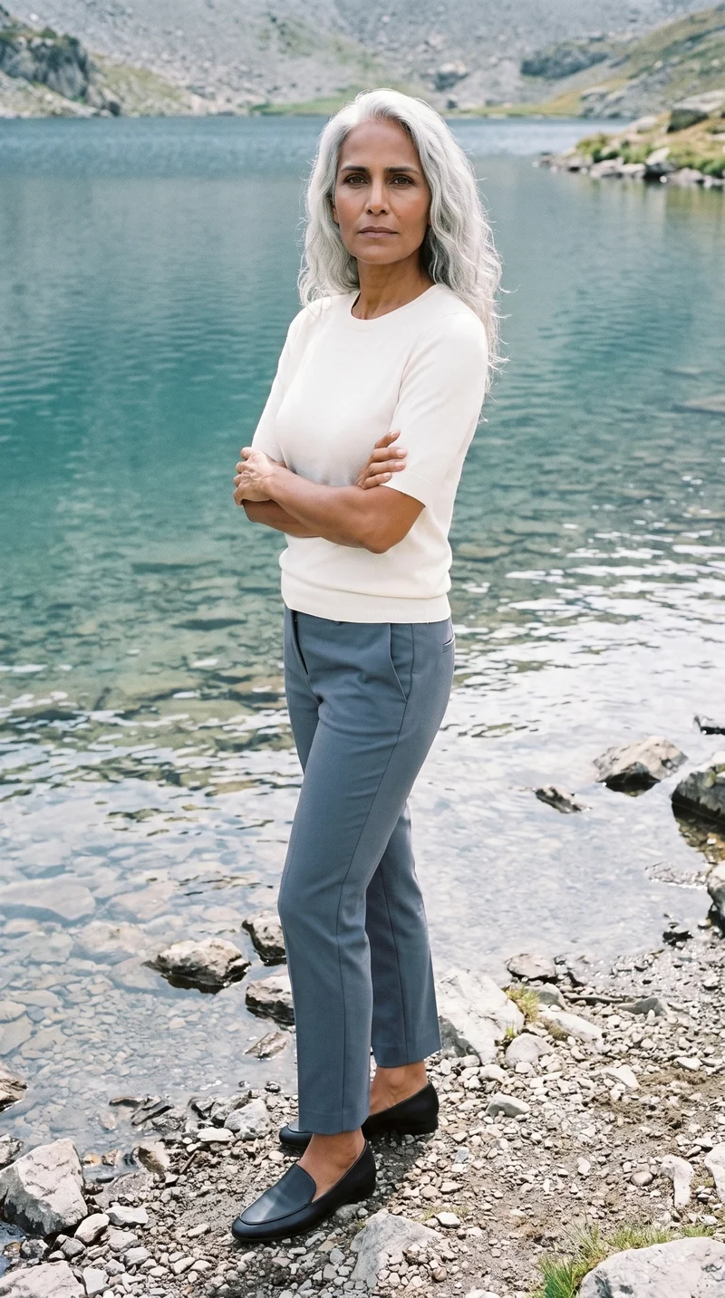 A 53-year-old Hispanic woman wears black leather loafers in a full-body view from a front three-quarter angle. Her arms are held low, with a soft facial expression, against an Alpine Lake Shore backdrop.