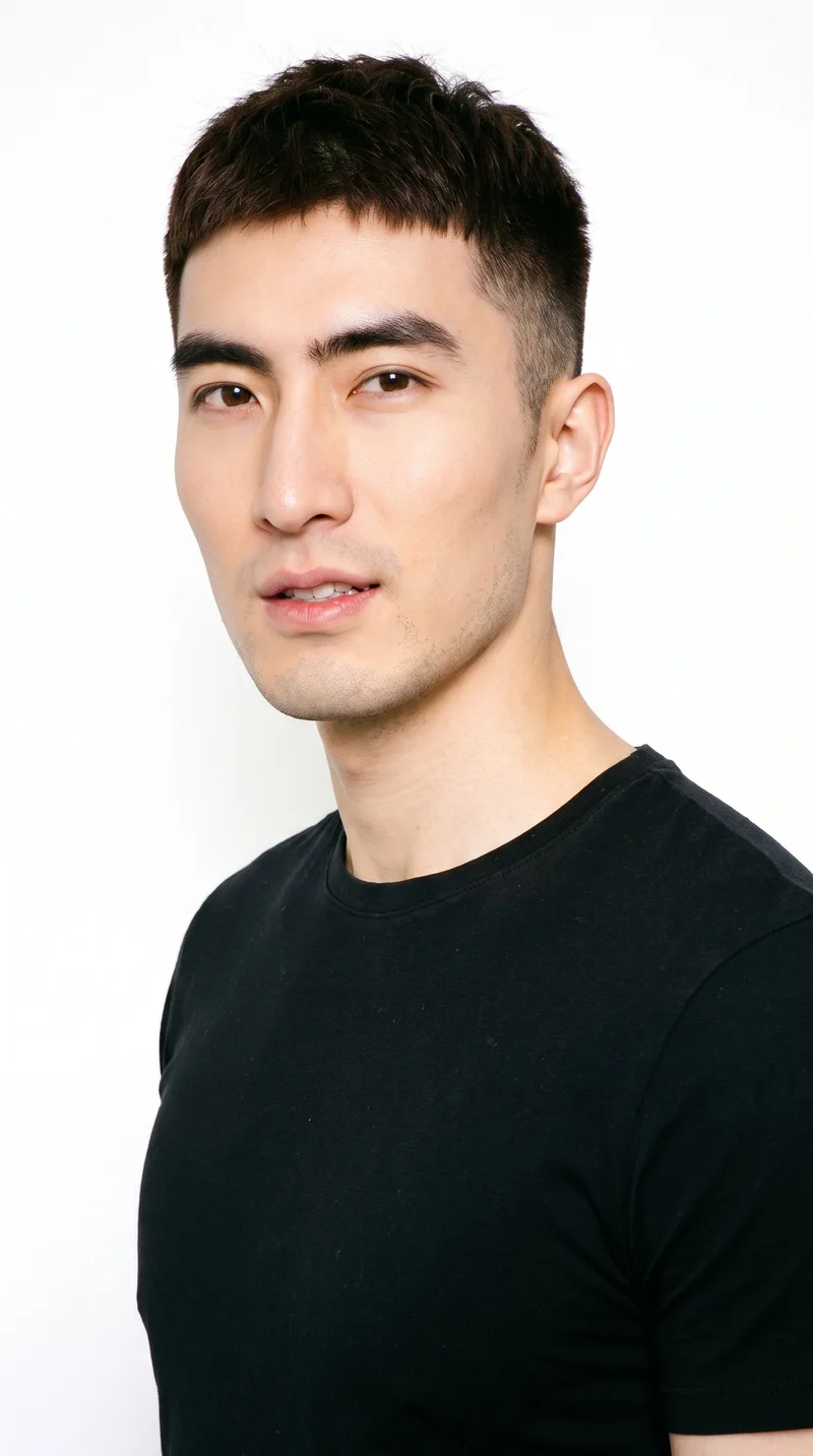 A 34-year-old Chinese man with light porcelain skin and a warm yellow undertone has East Asian facial features, a Roman face shape with a prominent nose line and defined jaw, thin eyebrows, brown eyes, and thin lips. His dark-brown hair is styled in a short textured crop with layered texture on top and closely cut sides. He is clean-shaven, with smooth skin across the whole face.