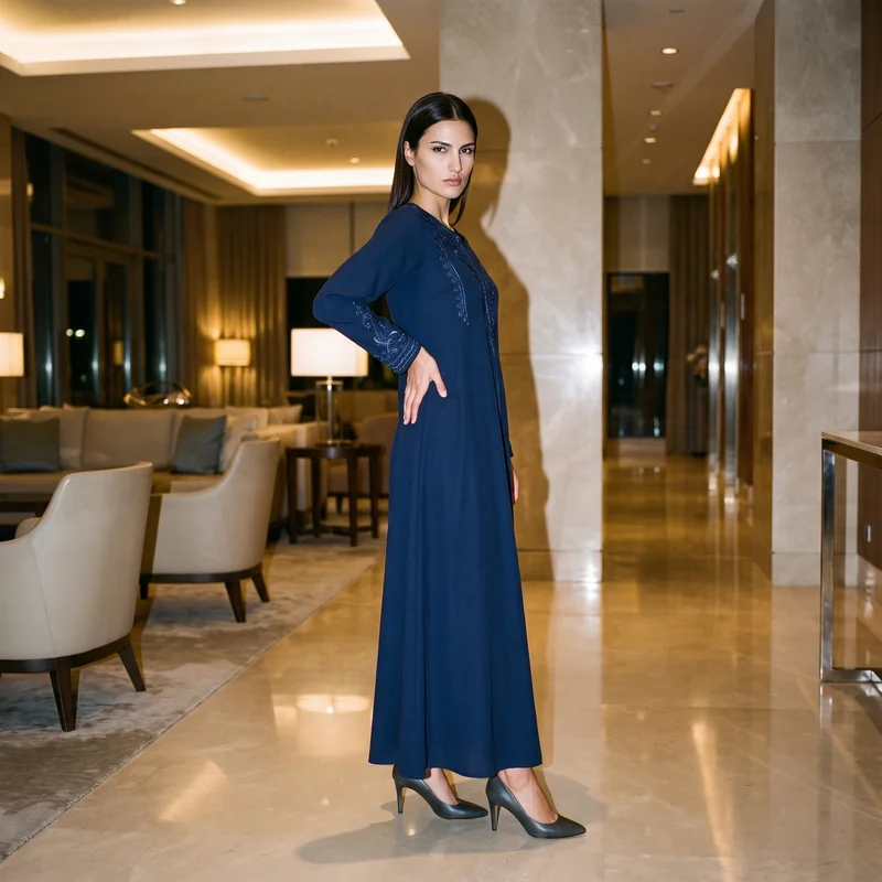 Navy Embroidered Abaya, Environmental at Three-quarter, Natural E-Commerce lighting