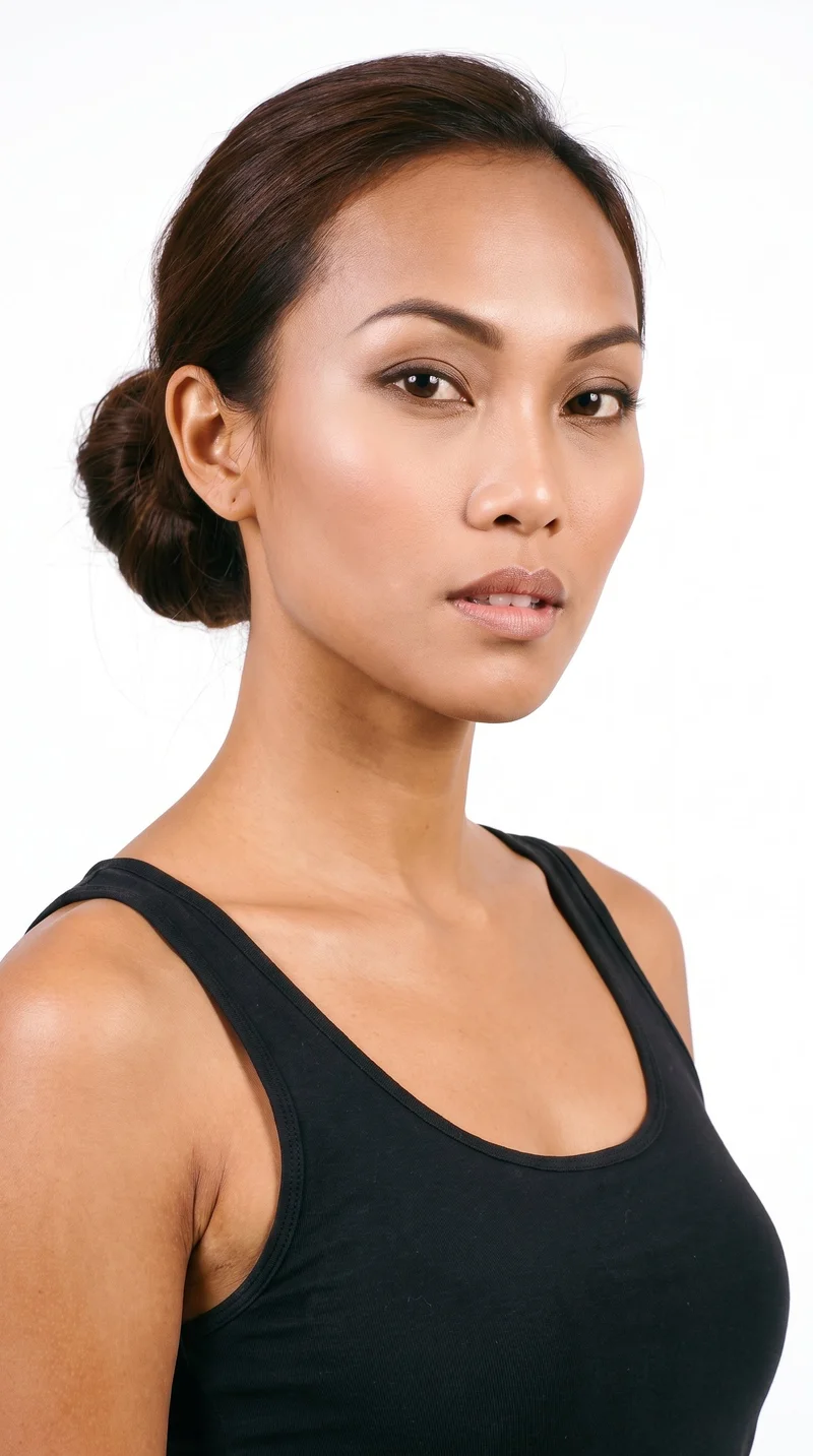 A 25-year-old Southeast Asian woman with medium-brown skin and a warm golden undertone. Her heart-shaped face has a wider forehead that narrows to a more pointed chin. She has medium-thick eyebrows, very dark near-black eyes, and full lips. Her dark-brown hair is wound into a rounded bun at the back of her head.