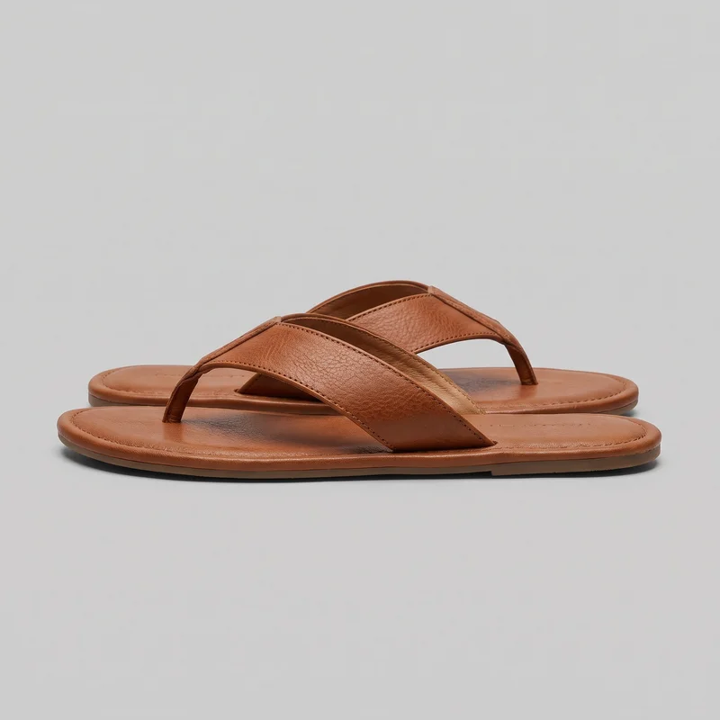A pair of tan leather flat thong slide sandals is shown in a side-oriented standalone view, with one sandal overlapping the other. The sandals have open toes and backs, rounded rectangular footbeds, toe posts, broad diagonal vamp straps with arched straps behind them, stitched footbed edges, and low layered soles with a slight heel lift.