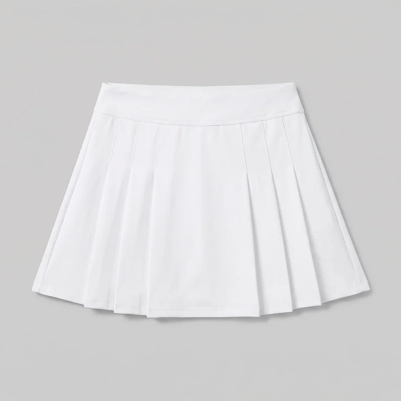 A white pleated mini skirt is shown as a standalone product, mostly complete and viewed from the front. It has an A-line silhouette, a broad flat waistband with a seam where it meets the skirt body, evenly spaced vertical knife pleats, and a straight stitched hem. No pockets, closures, logo, print, patch, embroidery, or other embellishments are visible.