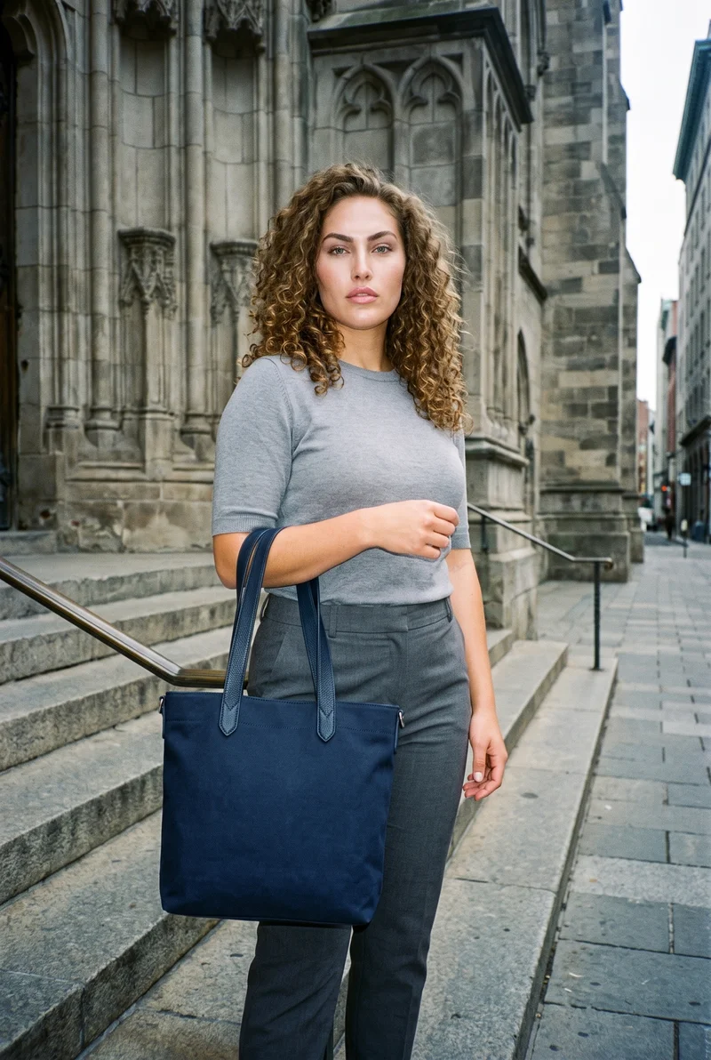 Navy Shopper Tote, Three-quarter length at Front, Clean Catalog lighting