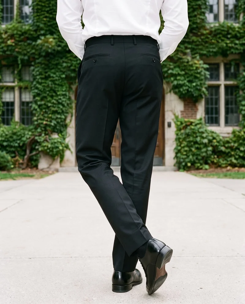 A man is shown from the lower body in a rear view wearing black tailored trousers, with his ankles crossed. An ivy-covered building forms the backdrop.