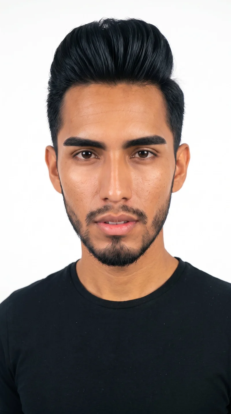 A 20-year-old Hispanic man with medium-brown skin and a neutral undertone. His long face has a tall forehead and elongated cheeks, with thick eyebrows, very dark near-black eyes, and full lips. His deep black hair is swept upward and back in a voluminous pompadour. A short, structured beard with defined edges follows his cheeks and jaw.
