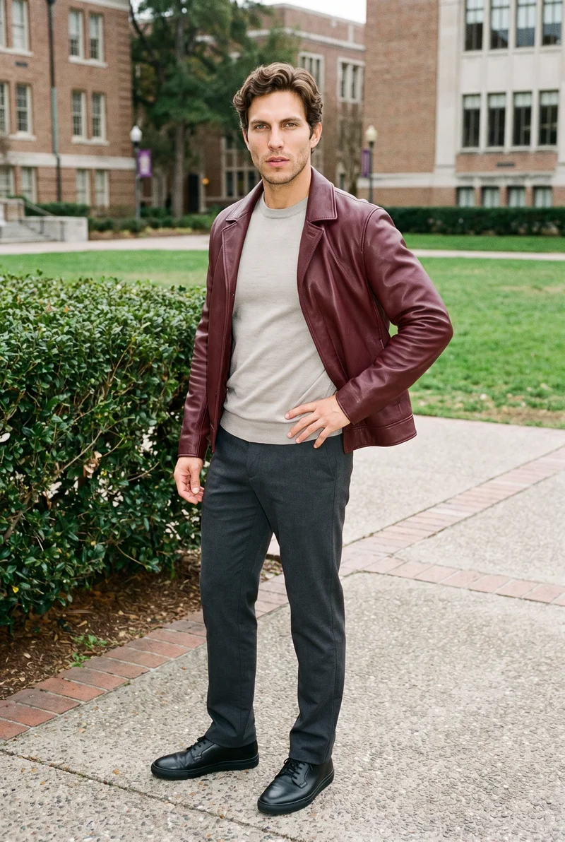 Men's Burgundy Leather Jacket, Full body at Three-quarter, Clean Catalog lighting