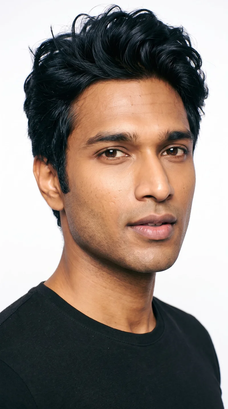 This 34-year-old Indian man has a medium-brown complexion with a warm golden undertone. His oval face has balanced proportions and a softly rounded jaw. He has thick eyebrows, brown eyes, medium lips, and a clean-shaven face. His deep black hair is tousled, with deliberately undone texture and natural movement.