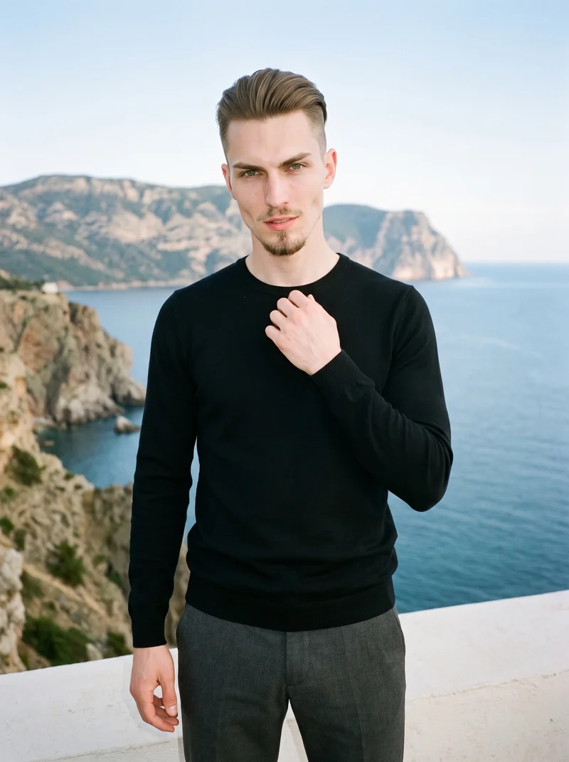 A 23-year-old Caucasian man is shown from the front in an upper-body view, wearing a black cashmere knit with his fingers held at his chest. He has a natural facial expression, with an Amalfi Coast terrace backdrop.