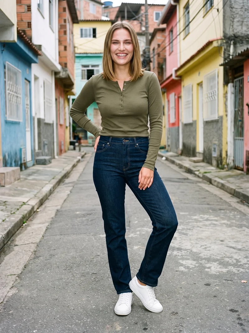 A 21-year-old Slavic woman is shown full-body from the front wearing a women's olive long-sleeve henley top. She stands with one hand on her hip and a grin, against a Brazilian favela street backdrop.