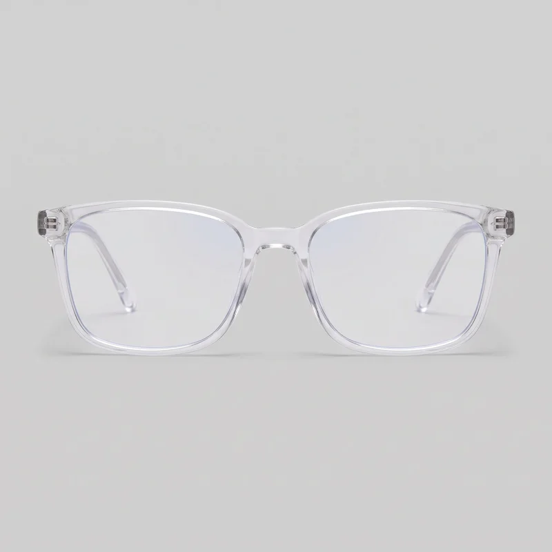 Standalone front view of women's clear-frame blue-light glasses. The full-rim eyeglasses have squared rectangular lenses with softly rounded lower corners, subtly upswept outer brow corners, a shallow arched bridge, and an integrated nose area. The frame also shows a slightly dipped top brow line, defined end pieces with visible rectangular hinge hardware, and temples curving behind the lenses.