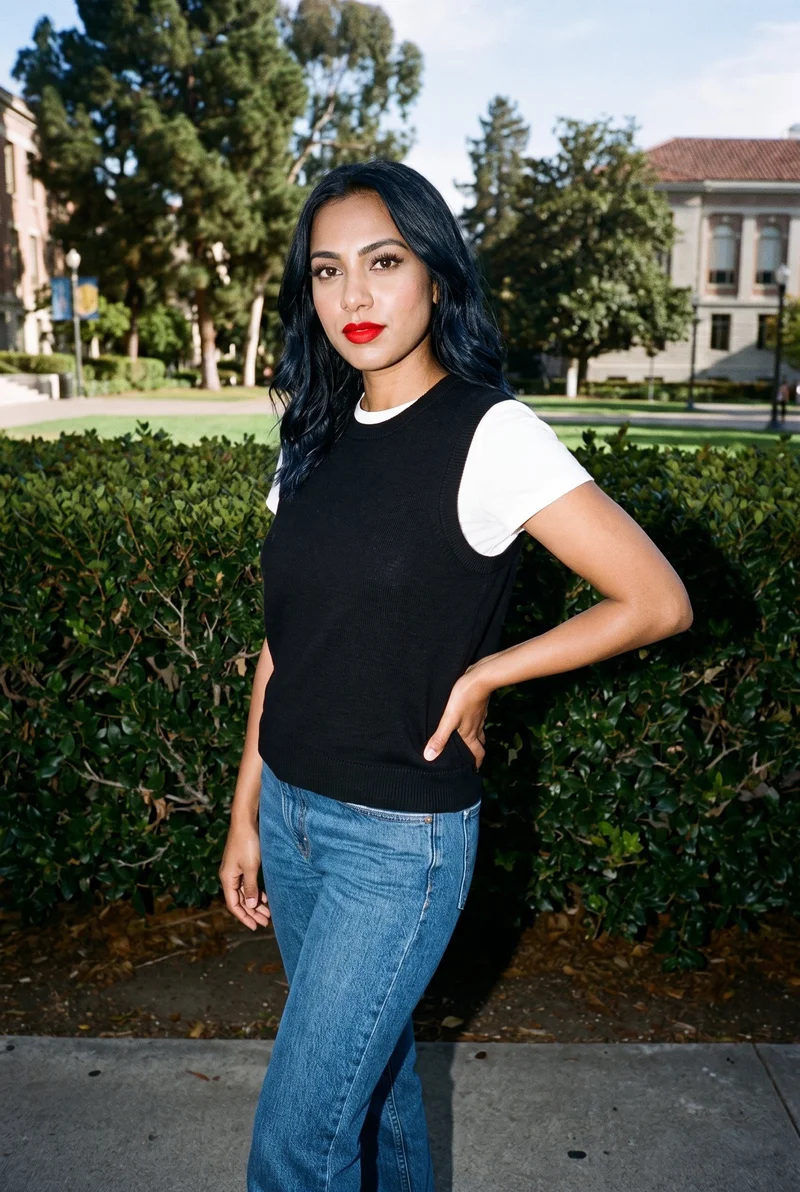 A 24-year-old Arab woman wears a black sweater vest in a three-quarter-length, angled front view with one hand on her hip. The backdrop is a campus quad.