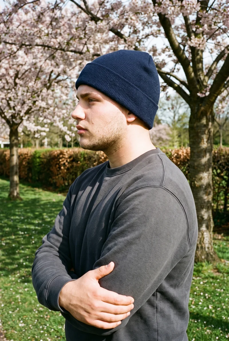 An 18-year-old Caucasian man wearing a navy beanie is shown in an upper-body side view with a natural expression and one hand holding his elbow. A cherry blossom park serves as the backdrop.
