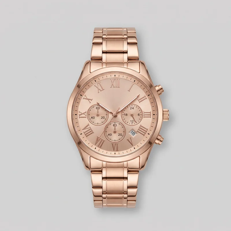Men's rose gold analogue wristwatch shown from the front as a standalone product. It has a round case with a smooth rounded bezel, an integrated multi-link bracelet extending beyond the top and bottom edges, and a centered dial with raised Roman numeral hour markers, slim minute ticks, three recessed subdials, two central hands, and a small angled date window near the lower right. A ridged crown and two pushers are visible on the right side of the case; no logo is visible.