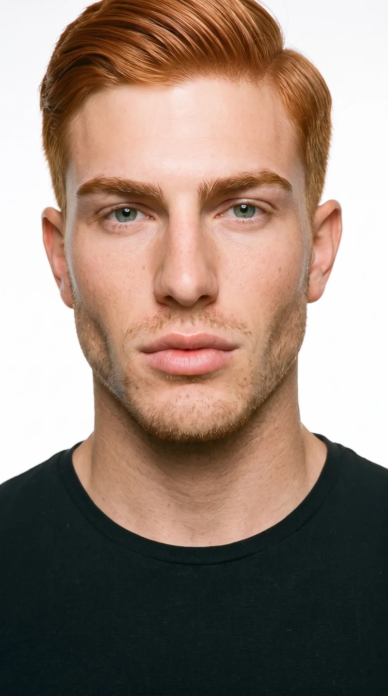 An 18-year-old Caucasian male with olive skin and a peach undertone. His diamond-shaped face has a narrow forehead and jaw, with cheekbones as the widest point. He has medium-thickness eyebrows, blue eyes with a cool undertone, and full lips. His vivid red hair is combed to one side along a defined part, and fine, closely trimmed stubble lightly covers the beard area.