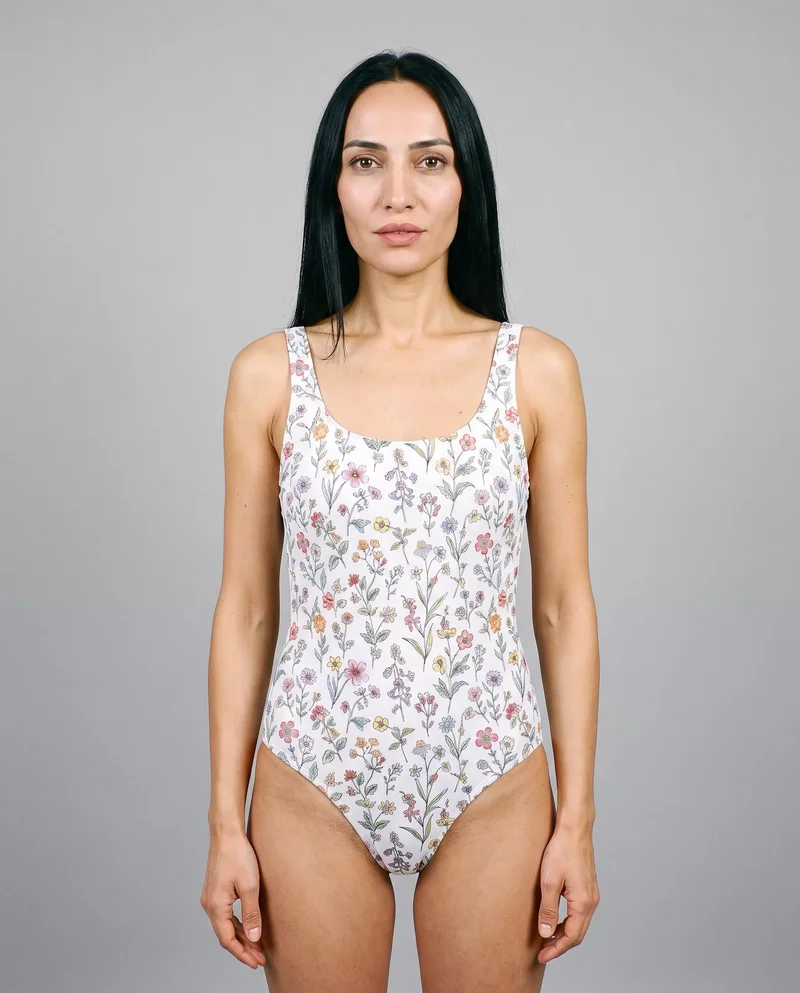 Floral Print One-Piece Swimsuit, Upper body at Front, Clean Catalog lighting