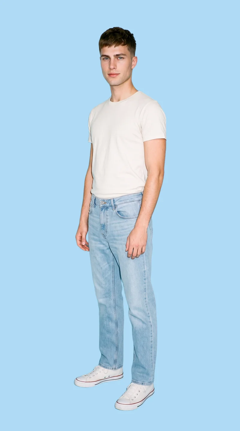 A 22-year-old Caucasian male model wears men's light wash straight jeans, shown standing in a relaxed pose from a front three-quarter angle. The jeans are presented against an ice-blue flat-color backdrop.