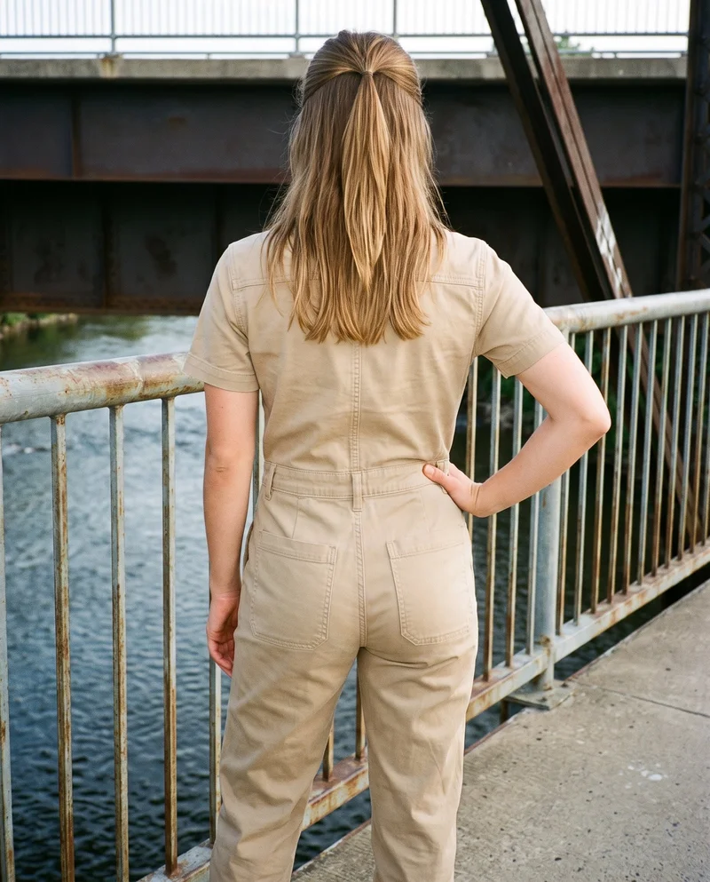 A 21-year-old Caucasian woman wears a khaki utility jumpsuit in a three-quarter-length rear view, with one hand on her hip. A bridge pedestrian backdrop is visible behind her.