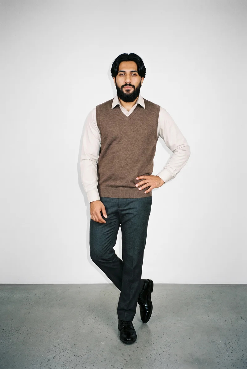 A 25-year-old Arab man wears a brown wool sweater vest in a front-facing environmental view. He stands with his weight shifted back and a confident expression against a fog-grey studio-wall backdrop.