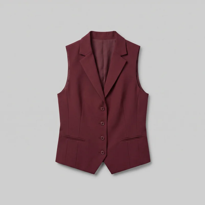 A mostly complete front view of a burgundy women's waistcoat laid flat. The sleeveless tailored blazer vest has a deep V front, notched lapels, structured shoulders, vertical shaping seams, a four-button closure, two lower horizontal welt pockets, and an angled pointed hip-length hem.