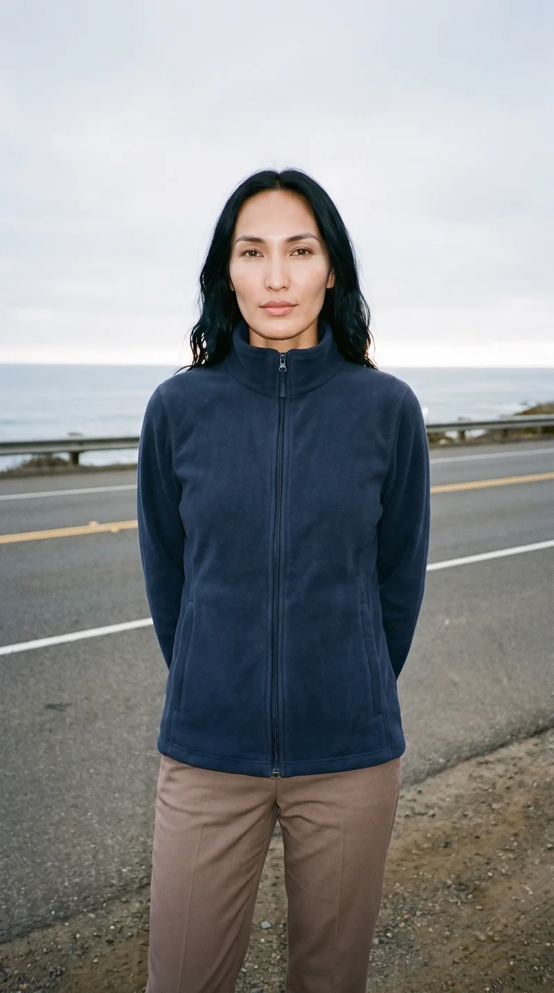 A 34-year-old Indigenous American woman wears a women's navy zip-up fleece jacket in a three-quarter-length front view, with her hands behind her back and a natural facial expression. The Pacific Coast Highway serves as the backdrop.