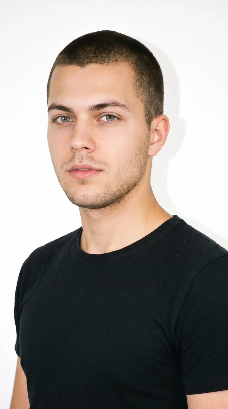 A 21-year-old Caucasian man with medium olive skin and a peach undertone. His face is round, with soft, full contours, gentle curves, and few angles. He has thin eyebrows, blue eyes with a cool undertone, and thin lips. His dark-brown hair is clipped very short and evenly in a buzz cut, and he is clean-shaven with smooth skin across his face.