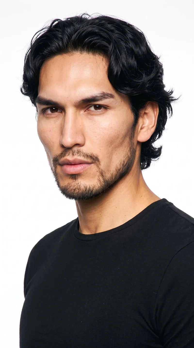 A 27-year-old man with an Indigenous American appearance and warm honey-toned skin with a red-copper undertone. His chiseled face has sharp, angular features, pronounced cheekbones, and a defined jaw. He has thick eyebrows, brown eyes, and medium lips. His deep black hair falls in soft waves, and he wears a short, structured beard with defined edges along the cheeks and jaw.