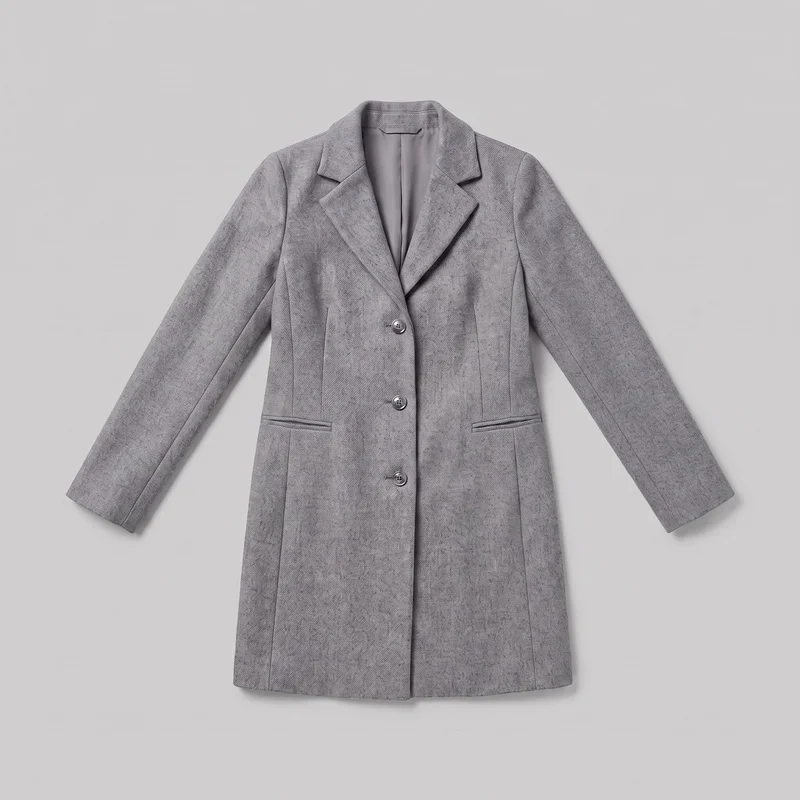 A grey women's tailored single-breasted longline coat is shown centered in a mostly complete front flat-lay view. It has a structured silhouette that hangs straight from the shoulders to a straight lower hem, with set-in shoulders, long straight sleeves, notched lapels, three visible round front buttons, two horizontal welt pockets, and vertical front shaping seams. No logos, prints, patches, embroidery, or embellishments are visible.