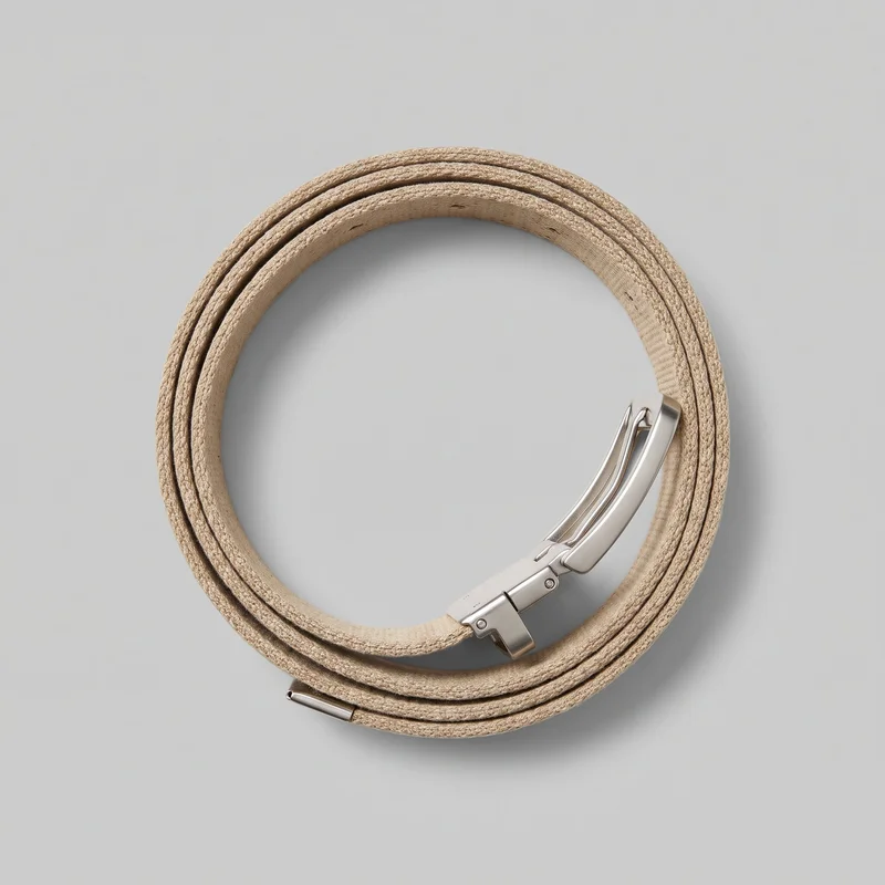 A separate beige canvas belt is coiled into a circular form, showing most of its flat strap, raised textured surface, reinforced stitched edges, and a line of adjustment holes near one end. The belt includes a polished rectangular frame buckle with a single prong, a keeper loop, hinge hardware, and a capped strap tip. No logos, prints, patches, embroidery, or embellishments are visible.