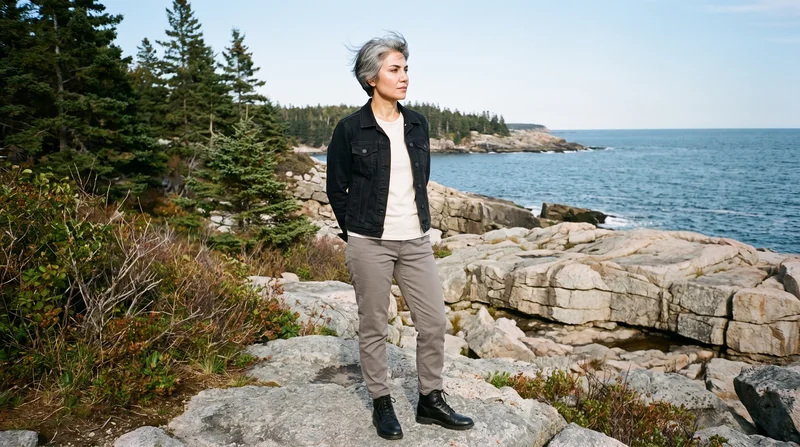 A 37-year-old Turkish woman wears a black denim jacket in an environmental front three-quarter view, with her hands behind her back and a soft facial expression. Acadia coastal rocks form the backdrop.