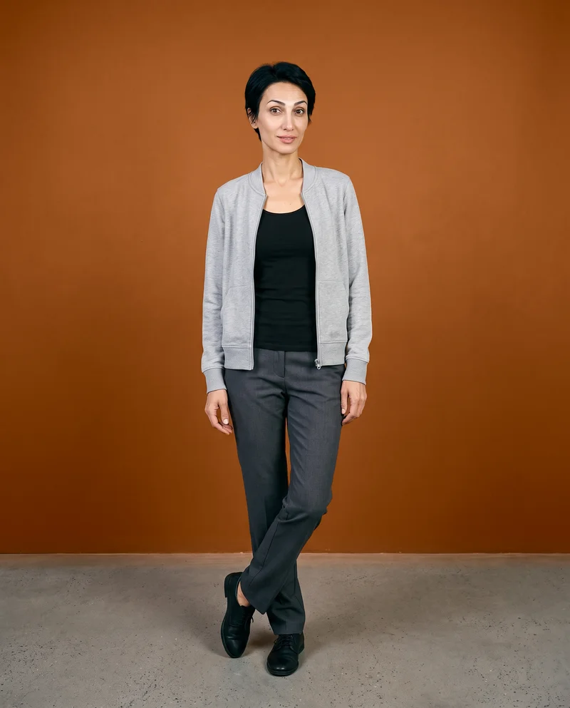 Women's Grey Zip Track Jacket, Full body at Front, Natural E-Commerce lighting